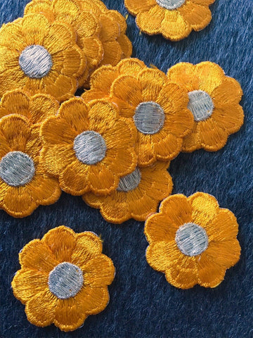 Vintage Orange Metallic Silver Flower Embroidered Iron-on Floral Patch #5007