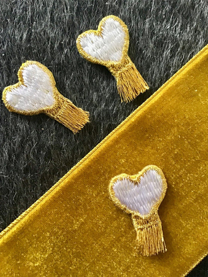 Vintage Iron-on Metallic Gold White Heart Applique Patch #5012
