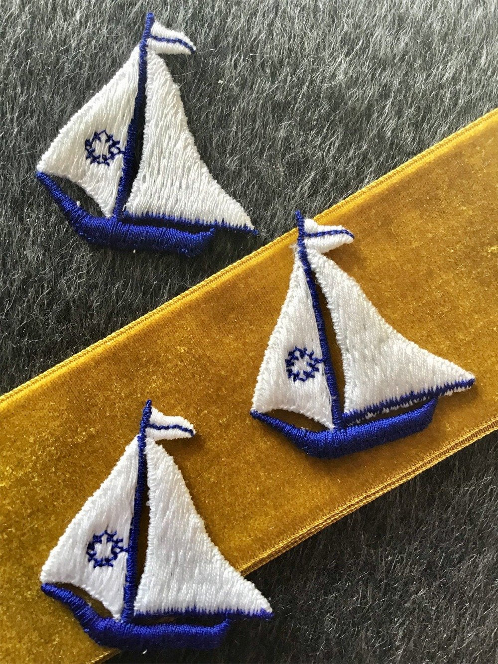 Vintage Embroidered Navy White Sailboat Sew-on Applique Patch #5014