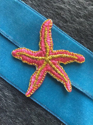 Iron-on Vintage Metallic Gold Pink Starfish Embroidered Decorative Patches #5090