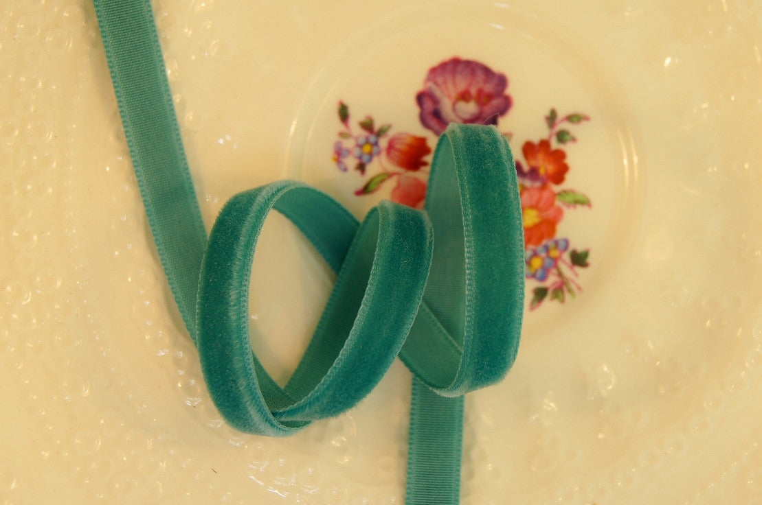 1/4" Swiss Velvet Ribbon Aquamarine Green Vintage Velvet Ribbon
