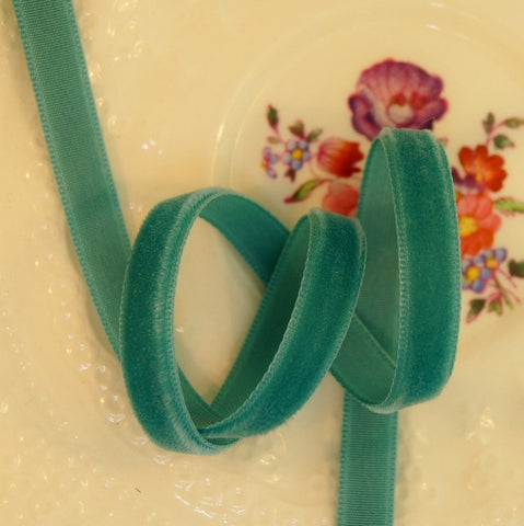 Aquamarine Green Velvet Ribbon Vintage from Switzerland 7mm