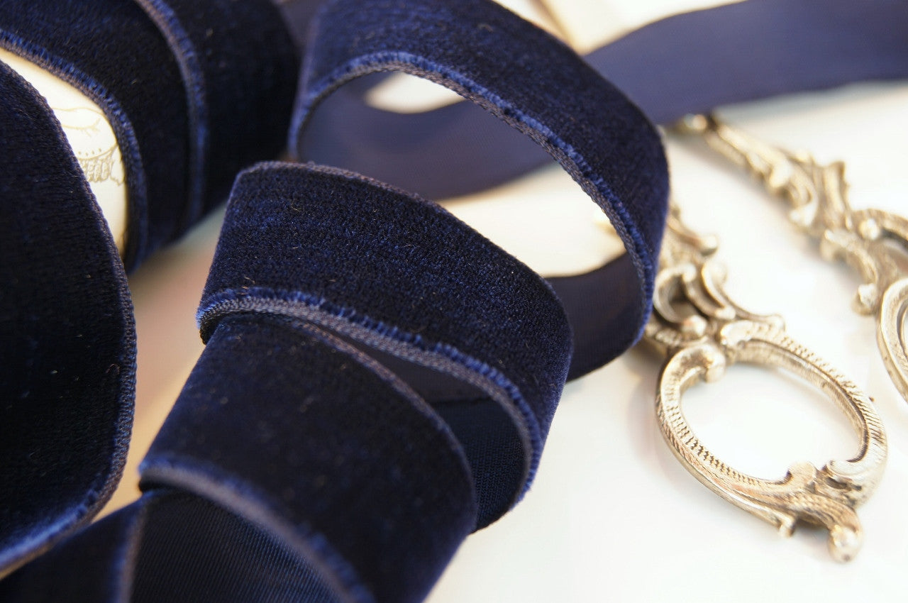 7/8" French Velvet Ribbon Navy Velvet Ribbon Vintage from France 22mm