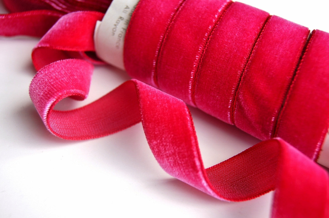5/8" French Velvet Ribbon Magenta Red Velvet Ribbon Vintage from France 16mm