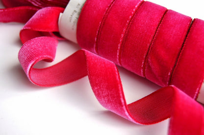 5/8" French Velvet Ribbon Magenta Red Velvet Ribbon Vintage from France 16mm