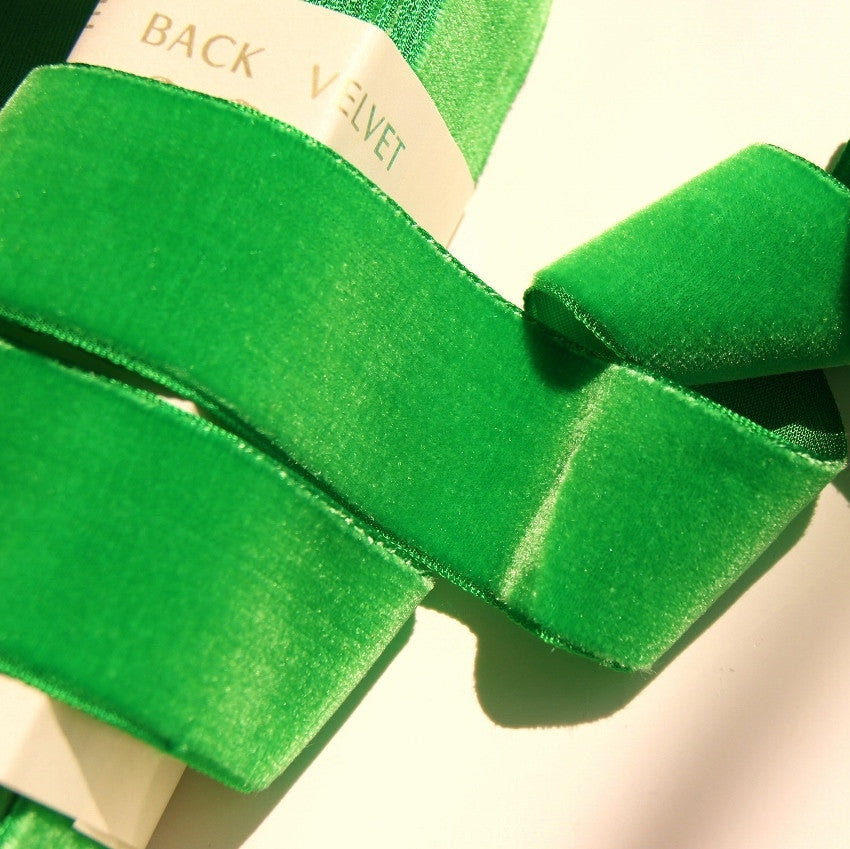 1-3/8" French Velvet Ribbon Grass Green Velvet Ribbon Vintage from France 36mm
