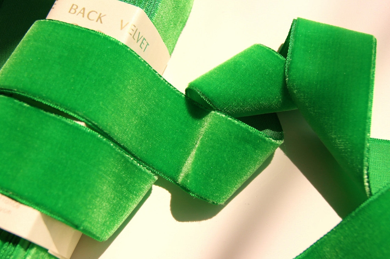 Vintage 1-3/8" French Velvet Ribbon Grass Green Velvet Ribbon