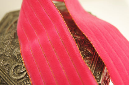 1-3/8" Swiss Velvet Ribbon Metallic Gold Hot Pink Striped Velvet Ribbon Vintage from Switzerland 36mm