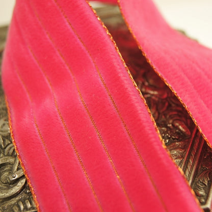 1-3/8" Metallic Gold Hot Pink Striped Velvet Ribbon