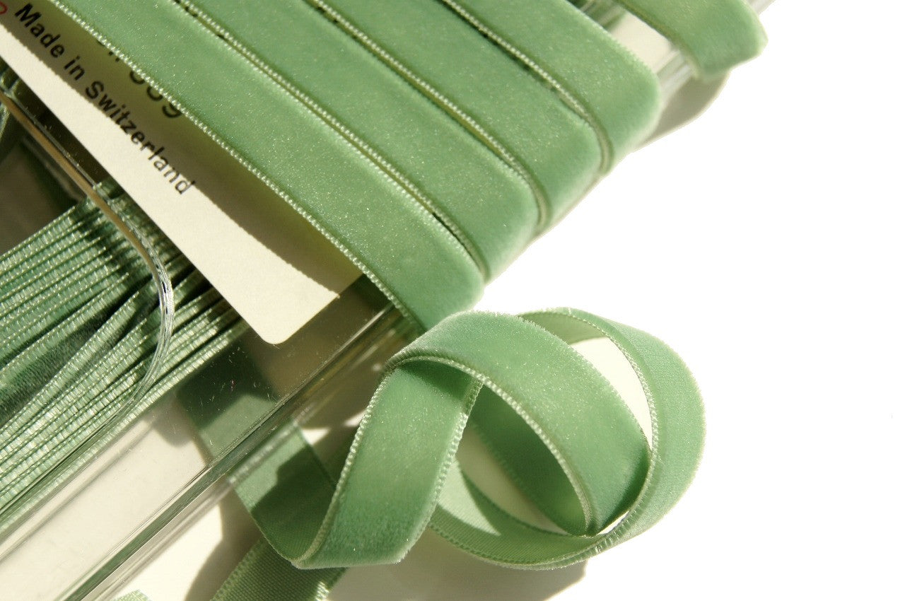 3/8" Swiss Velvet Ribbon Celadon Green Velvet Ribbon Vintage from Switzerland 9mm