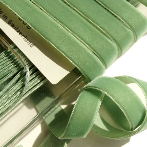 Celadon Green Velvet Ribbon Vintage from Switzerland 9mm
